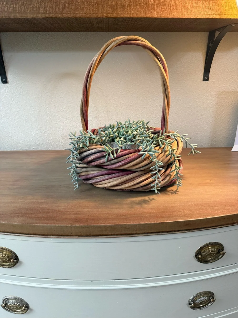 Woven Decorative Basket with Handle in Pink and Natural Tones